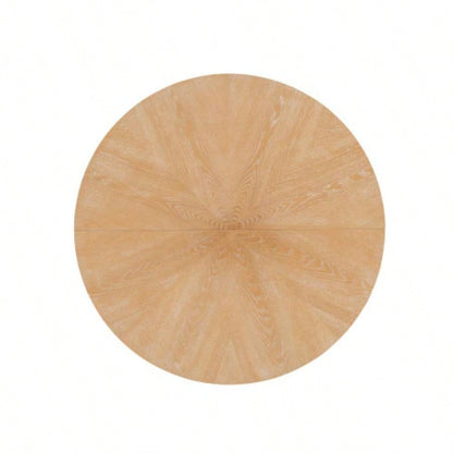 Mid - Modern 39.4 Round Dining Table with Intersecting Wooden, Rubberwood Plywood Construction, Oak Veneer