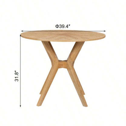 Mid - Modern 39.4 Round Dining Table with Intersecting Wooden, Rubberwood Plywood Construction, Oak Veneer