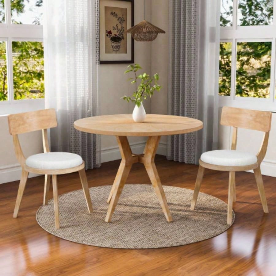 Mid - Modern 39.4 Round Dining Table with Intersecting Wooden, Rubberwood Plywood Construction, Oak Veneer