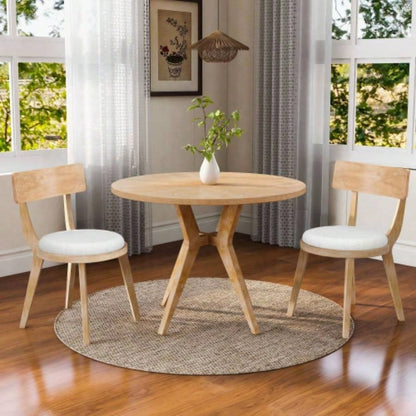 Mid - Modern 39.4 Round Dining Table with Intersecting Wooden, Rubberwood Plywood Construction, Oak Veneer