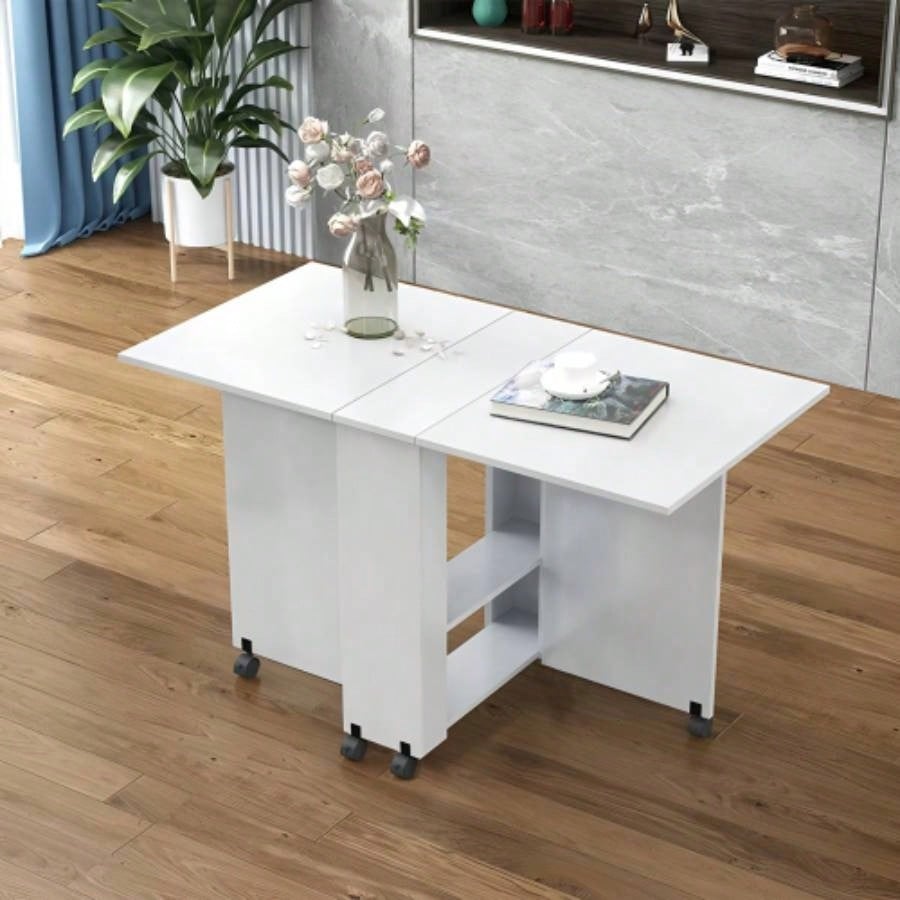 Folding Drop Leaf Dining Table with 6 Wheels and 2 - Layer Storage Shelf, Space Saving Table Small Spaces, 47.2 inch Dx 23.6 inchx 30.3 inch H, White
