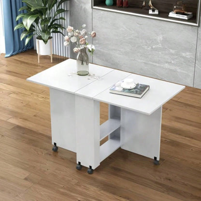 Folding Drop Leaf Dining Table with 6 Wheels and 2 - Layer Storage Shelf, Space Saving Table Small Spaces, 47.2 inch Dx 23.6 inchx 30.3 inch H, White