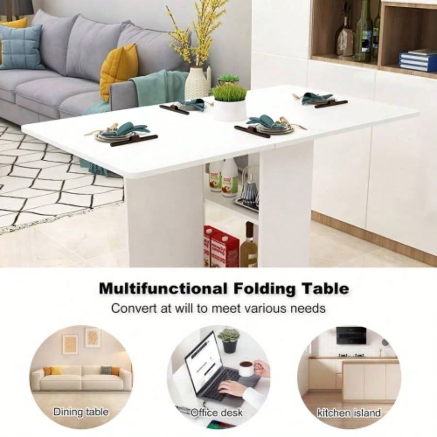Folding Drop Leaf Dining Table with 6 Wheels and 2 - Layer Storage Shelf, Space Saving Table Small Spaces, 47.2 inch Dx 23.6 inchx 30.3 inch H, White