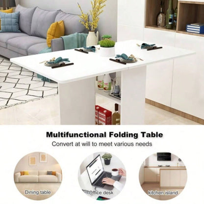 Folding Drop Leaf Dining Table with 6 Wheels and 2 - Layer Storage Shelf, Space Saving Table Small Spaces, 47.2 inch Dx 23.6 inchx 30.3 inch H, White