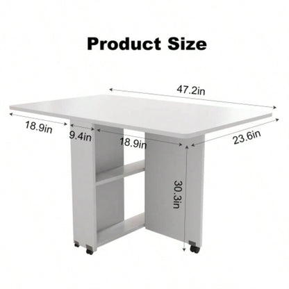 Folding Drop Leaf Dining Table with 6 Wheels and 2 - Layer Storage Shelf, Space Saving Table Small Spaces, 47.2 inch Dx 23.6 inchx 30.3 inch H, White