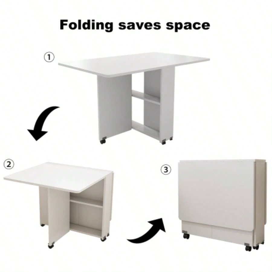 Folding Drop Leaf Dining Table with 6 Wheels and 2 - Layer Storage Shelf, Space Saving Table Small Spaces, 47.2 inch Dx 23.6 inchx 30.3 inch H, White