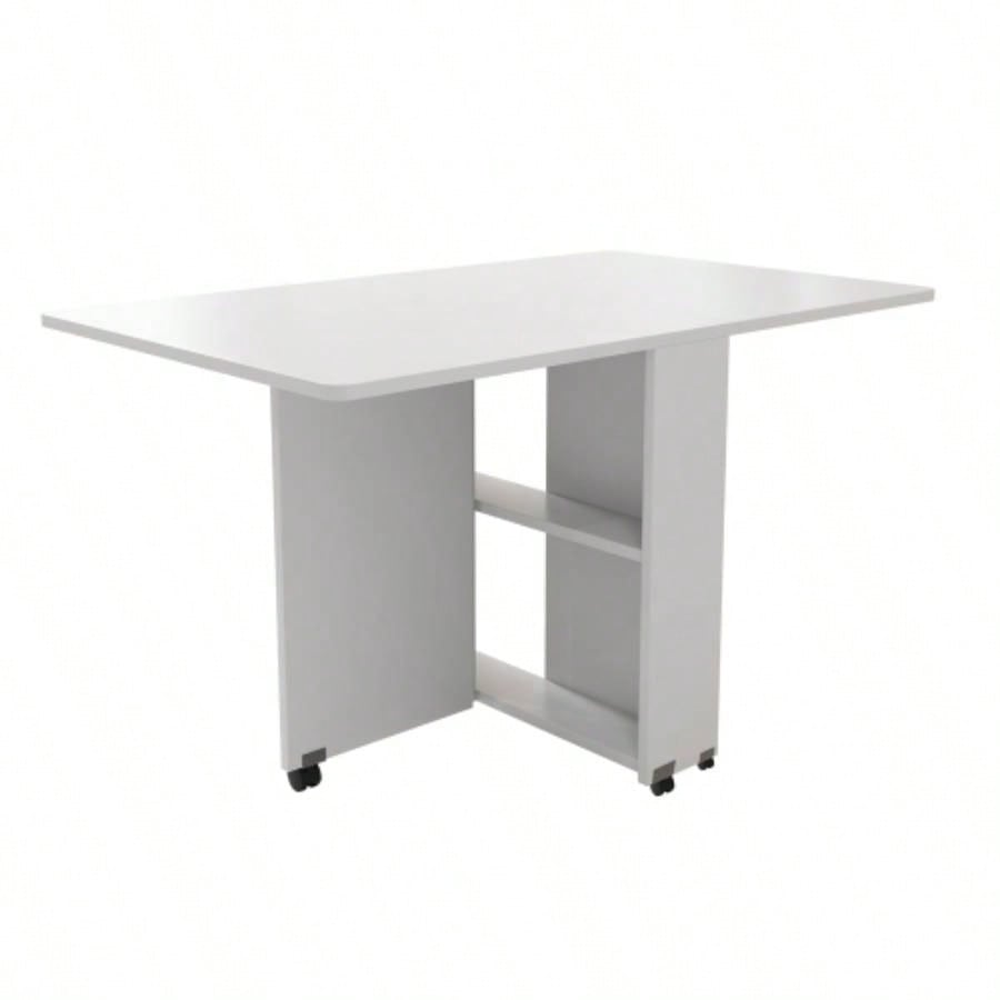 Folding Drop Leaf Dining Table with 6 Wheels and 2 - Layer Storage Shelf, Space Saving Table Small Spaces, 47.2 inch Dx 23.6 inchx 30.3 inch H, White