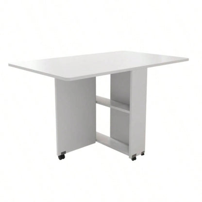 Folding Drop Leaf Dining Table with 6 Wheels and 2 - Layer Storage Shelf, Space Saving Table Small Spaces, 47.2 inch Dx 23.6 inchx 30.3 inch H, White