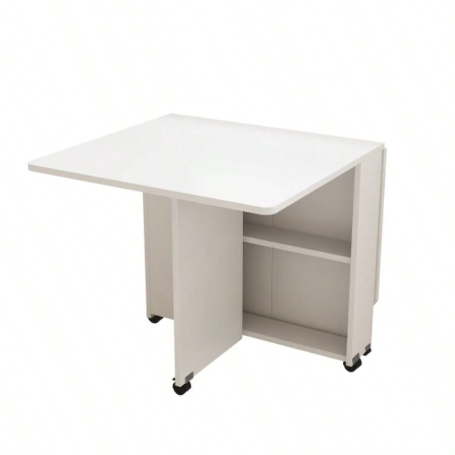 Folding Drop Leaf Dining Table with 6 Wheels and 2 - Layer Storage Shelf, Space Saving Table Small Spaces, 47.2 inch Dx 23.6 inchx 30.3 inch H, White