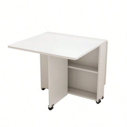 Folding Drop Leaf Dining Table with 6 Wheels and 2 - Layer Storage Shelf, Space Saving Table Small Spaces, 47.2 inch Dx 23.6 inchx 30.3 inch H, White