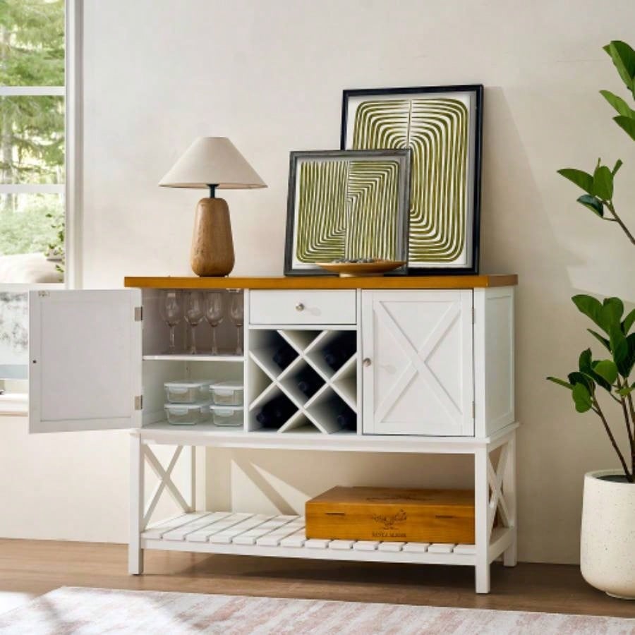 Bar cabinet Console Table with 2 - Door Cabinet 1 Drawers, Coffee Bar, Wine rack, Entryway Table with Storage Shelf, Sofa Tables Buffet Sideboard Kitchen, Hallway, Dining, Living Room, White
