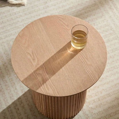 17.71 inch Round Fluted Side Table Circle Small Accent Table Living Room Mid Circle Bedside Table Bedroom Oak