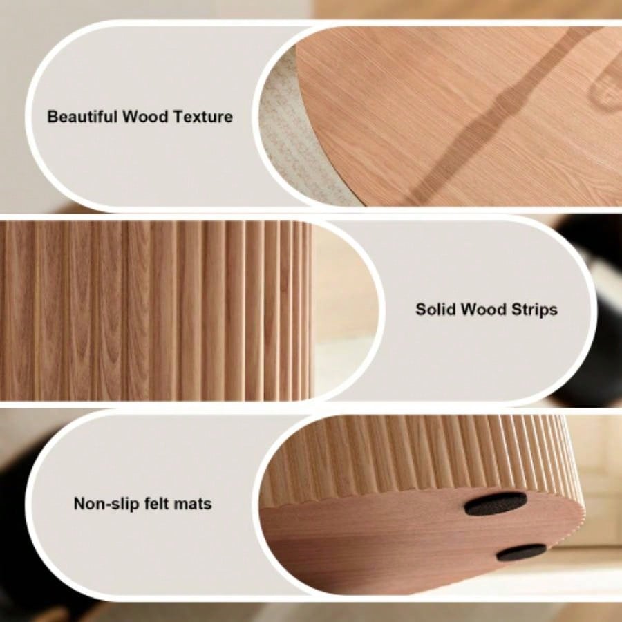 17.71 inch Round Fluted Side Table Circle Small Accent Table Living Room Mid Circle Bedside Table Bedroom Oak