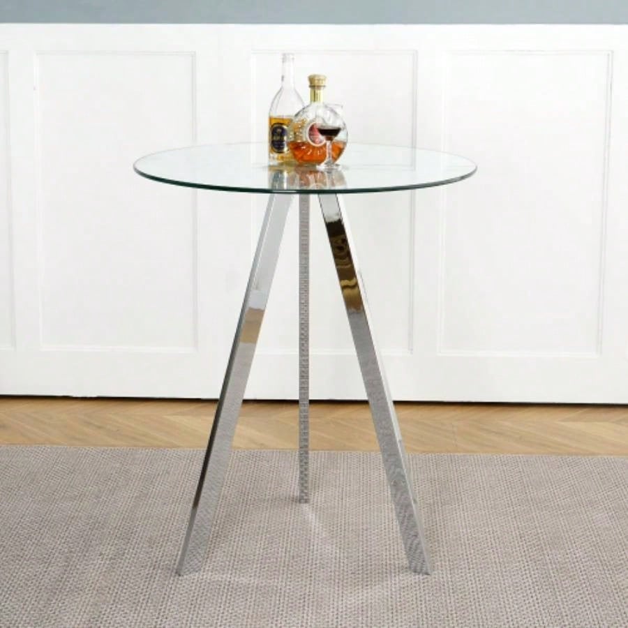 Modern Kitchen Glass dining table ROUND Tempered Glass BAR Table top, BAR Table Metal, electroplated set of 1