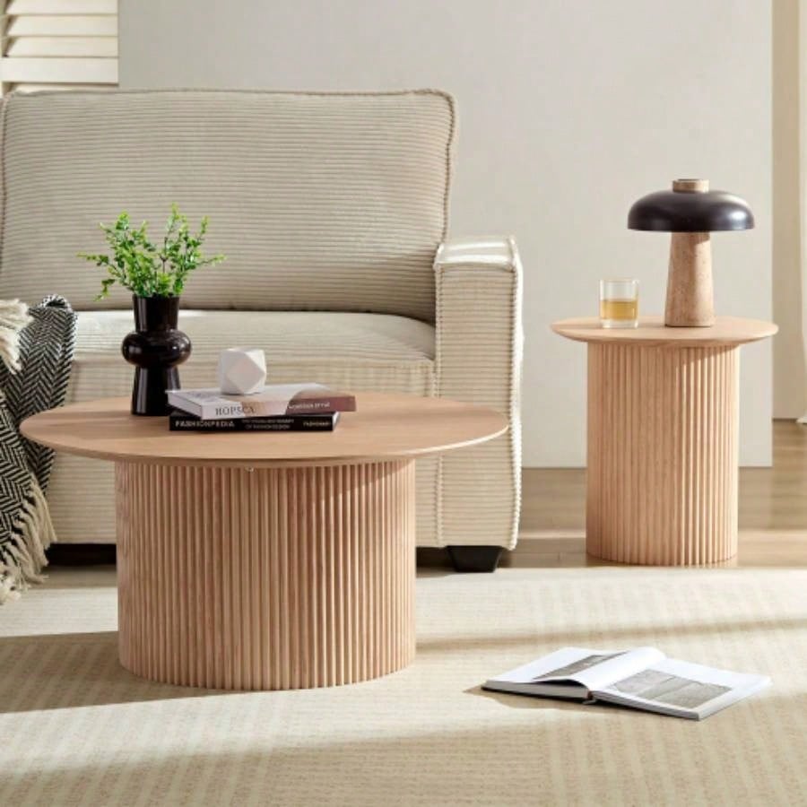 17.71 inch Round Fluted Side Table Circle Small Accent Table Living Room Mid Circle Bedside Table Bedroom Oak