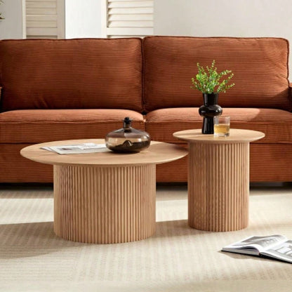 17.71 inch Round Fluted Side Table Circle Small Accent Table Living Room Mid Circle Bedside Table Bedroom Oak