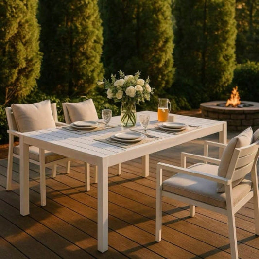 55 Inch White Modern Long Table - Indoor/Outdoor Multi - Purpose Dining Table, Patio Table, Garden Table - Lightweight PP Tabletop with Metal Kitchen, Courtyard, Terrace Gatherings White
