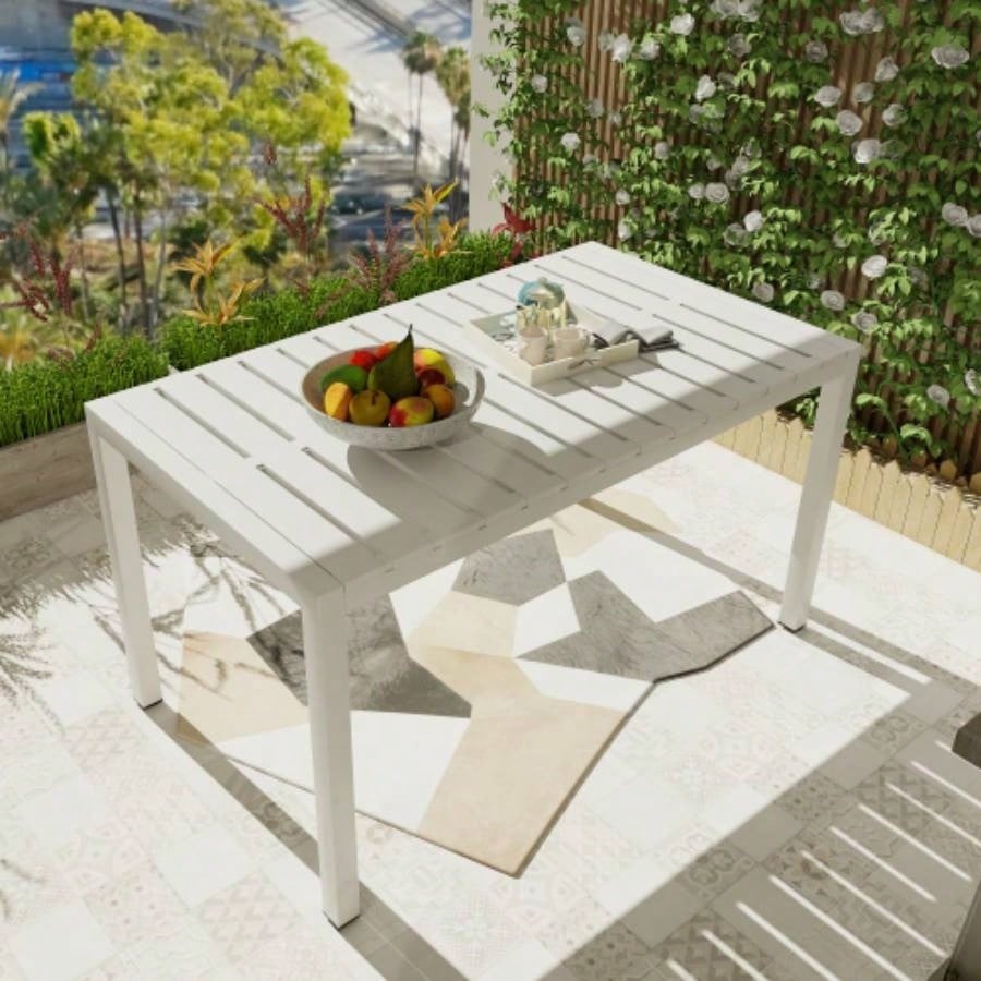 55 Inch White Modern Long Table - Indoor/Outdoor Multi - Purpose Dining Table, Patio Table, Garden Table - Lightweight PP Tabletop with Metal Kitchen, Courtyard, Terrace Gatherings White