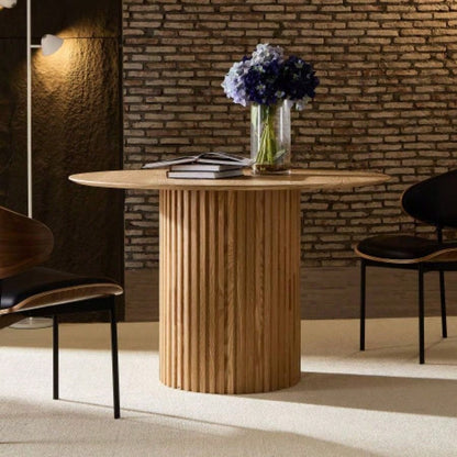 17.71 inch Round Fluted Side Table Circle Small Accent Table Living Room Mid Circle Bedside Table Bedroom Oak