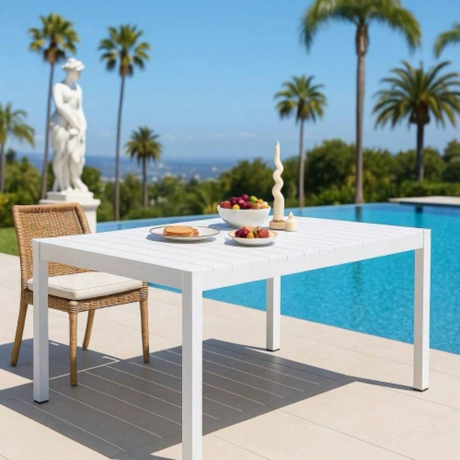55 Inch White Modern Long Table - Indoor/Outdoor Multi - Purpose Dining Table, Patio Table, Garden Table - Lightweight PP Tabletop with Metal Kitchen, Courtyard, Terrace Gatherings White