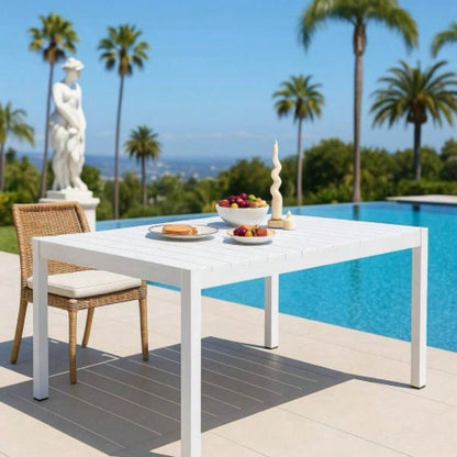 55 Inch White Modern Long Table - Indoor/Outdoor Multi - Purpose Dining Table, Patio Table, Garden Table - Lightweight PP Tabletop with Metal Kitchen, Courtyard, Terrace Gatherings White