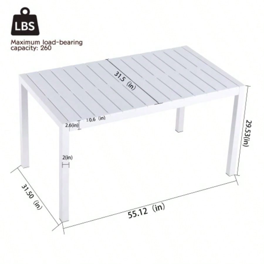 55 Inch White Modern Long Table - Indoor/Outdoor Multi - Purpose Dining Table, Patio Table, Garden Table - Lightweight PP Tabletop with Metal Kitchen, Courtyard, Terrace Gatherings White