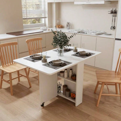 Fully unfolded 51.18 inches white foldable table, suitable small family table or display table convenient, home simple long table, simple and lightweight