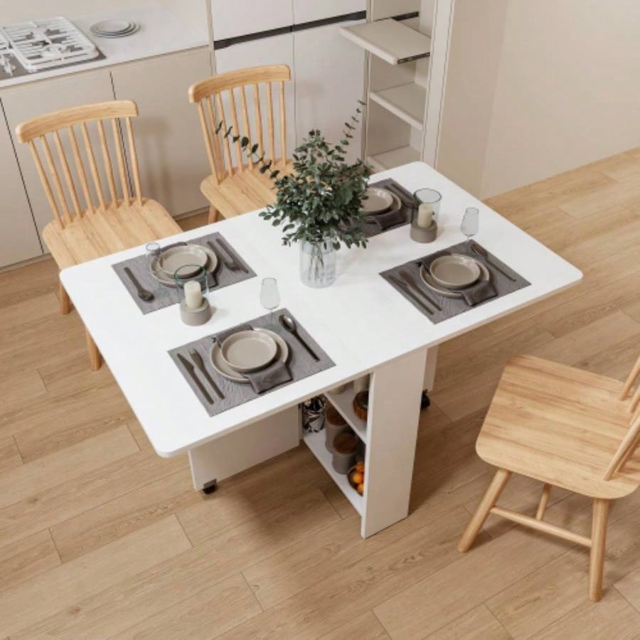 Fully unfolded 51.18 inches white foldable table, suitable small family table or display table convenient, home simple long table, simple and lightweight