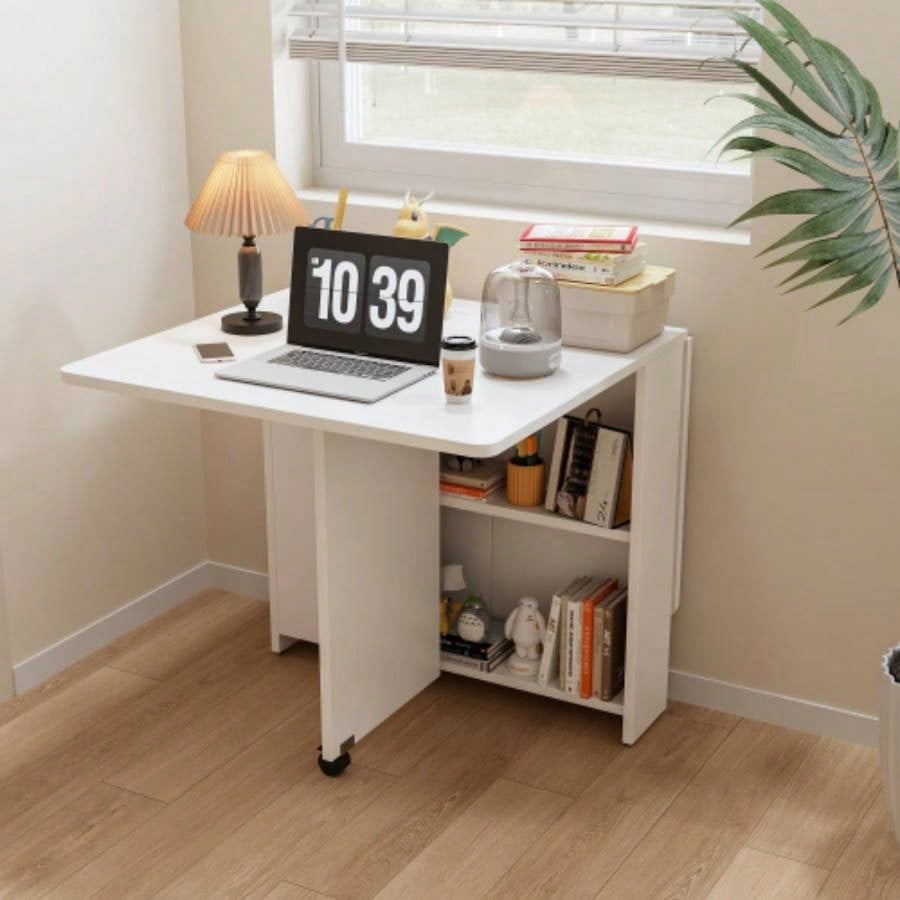 Fully unfolded 51.18 inches white foldable table, suitable small family table or display table convenient, home simple long table, simple and lightweight