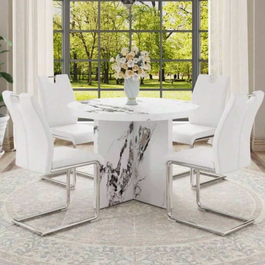Round Dining Table 4 - 6, 42 Inch Modern Kitchen Table Small Dinner Table MDF Kitchen Dinning Table Cafe Restaurant Wine Bar Home Office Conference