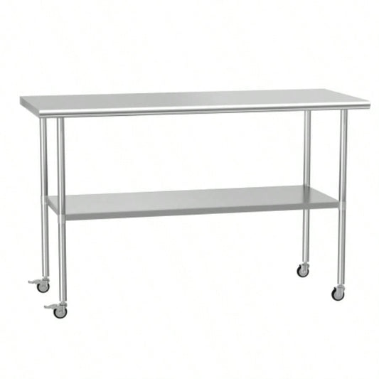 Stainless Steel Table 24x 60 Inches Metal Prep Table with wheels Adjustable Undershelf, Stainless Table Commercial Kitchen, Outdoor, Restaurant, Hotel Garage