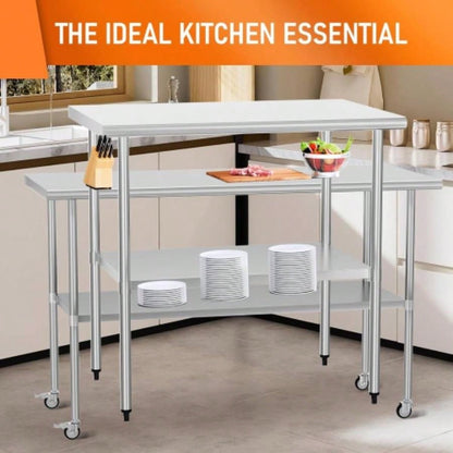 Stainless Steel Table 24x 60 Inches Metal Prep Table with wheels Adjustable Undershelf, Stainless Table Commercial Kitchen, Outdoor, Restaurant, Hotel Garage