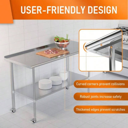 Stainless Steel Table 24x 60 Inches Metal Prep Table with wheels Adjustable Undershelf, Stainless Table Commercial Kitchen, Outdoor, Restaurant, Hotel Garage