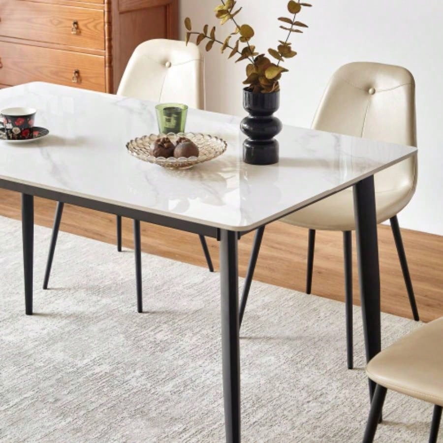Dining Table Table 55 Rectangular White Kitchen Table with Porcelain Table Top and Metal, Dining Room Table 4, Mid Dinner Table Living Room and Office, Table Only