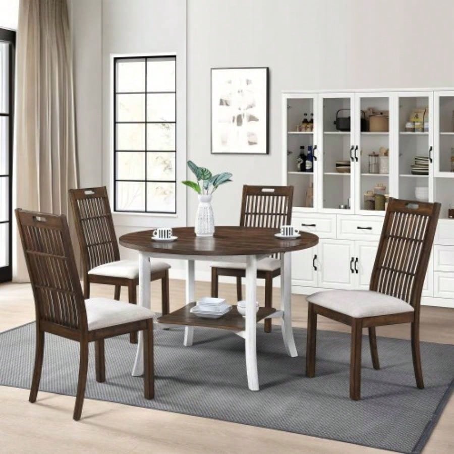 45.7inch Round Dining Table With Shelf Height 30 inch Modern Farmhouse Retro Design