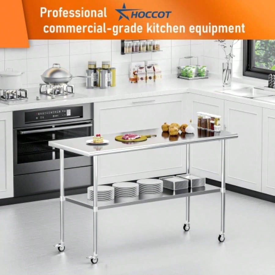 Stainless Steel Table 24x 60 Inches Metal Prep Table with wheels Adjustable Undershelf, Stainless Table Commercial Kitchen, Outdoor, Restaurant, Hotel Garage