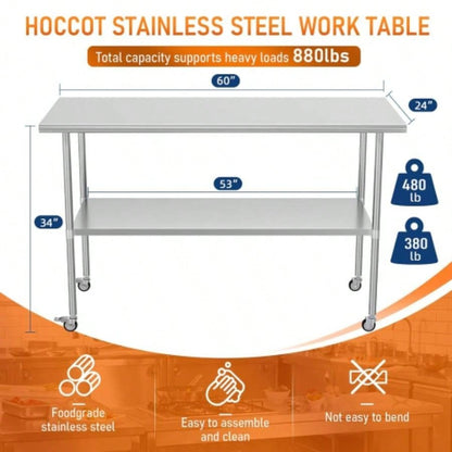 Stainless Steel Table 24x 60 Inches Metal Prep Table with wheels Adjustable Undershelf, Stainless Table Commercial Kitchen, Outdoor, Restaurant, Hotel Garage