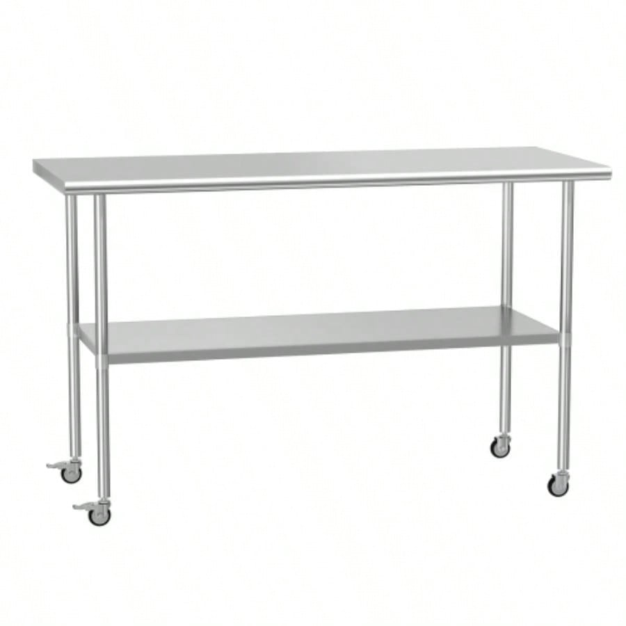 Stainless Steel Table 24x 60 Inches Metal Prep Table with wheels Adjustable Undershelf, Stainless Table Commercial Kitchen, Outdoor, Restaurant, Hotel Garage