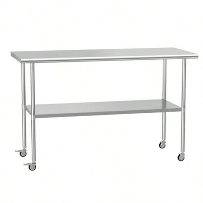 Stainless Steel Table 24x 60 Inches Metal Prep Table with wheels Adjustable Undershelf, Stainless Table Commercial Kitchen, Outdoor, Restaurant, Hotel Garage