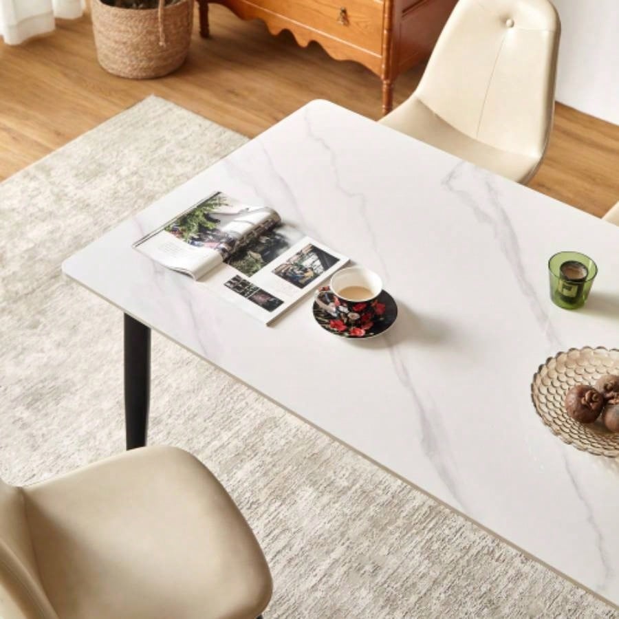 Dining Table Table 55 Rectangular White Kitchen Table with Porcelain Table Top and Metal, Dining Room Table 4, Mid Dinner Table Living Room and Office, Table Only