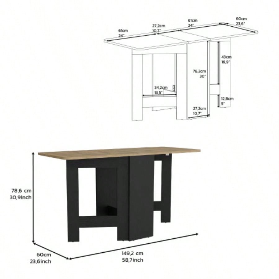 Folding Table with Expandable Design in 3 Forms, Black/ Macadamia