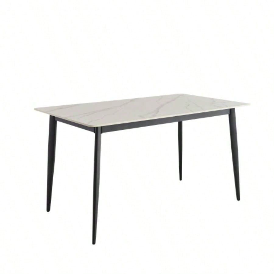Dining Table Table 55 Rectangular White Kitchen Table with Porcelain Table Top and Metal, Dining Room Table 4, Mid Dinner Table Living Room and Office, Table Only