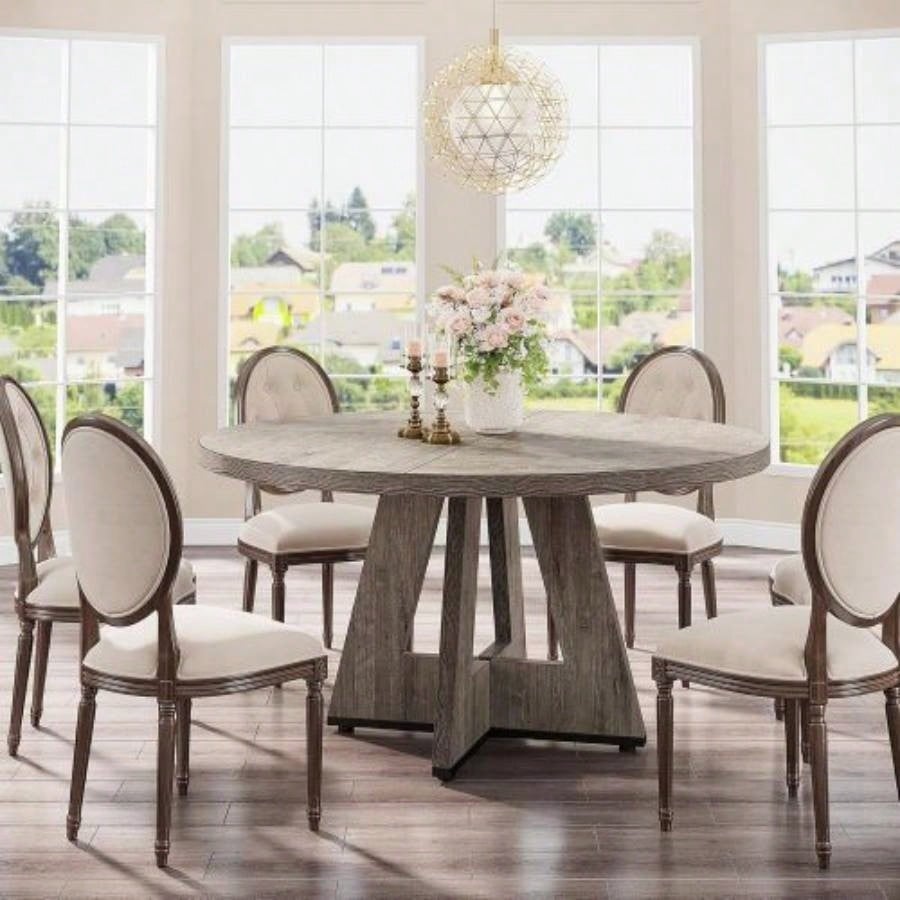 47 Round Farmhouse Dining Table - Rustic Wood Kitchen Table 4, Base Wooden Dinner Table Dining Room, Breakfast Nook, or Living Area