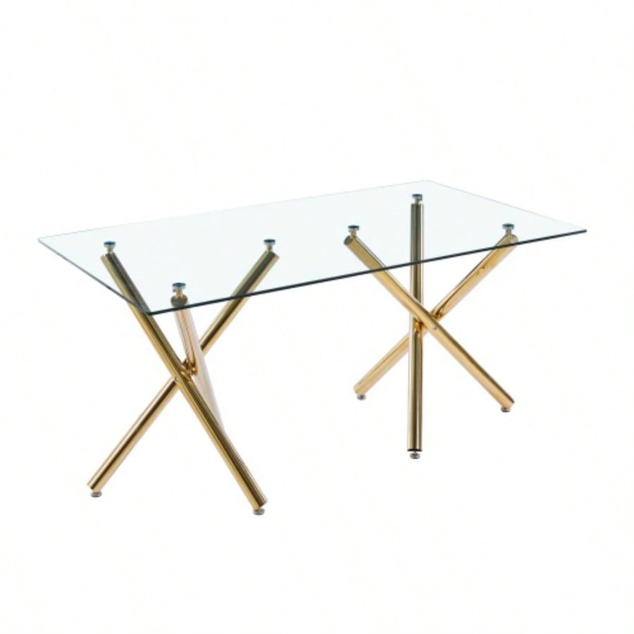 Rectangular Tempered Glass Dining Table with Double Stainless Steel Base, Modern Dining Room Interior Design, 6 People
