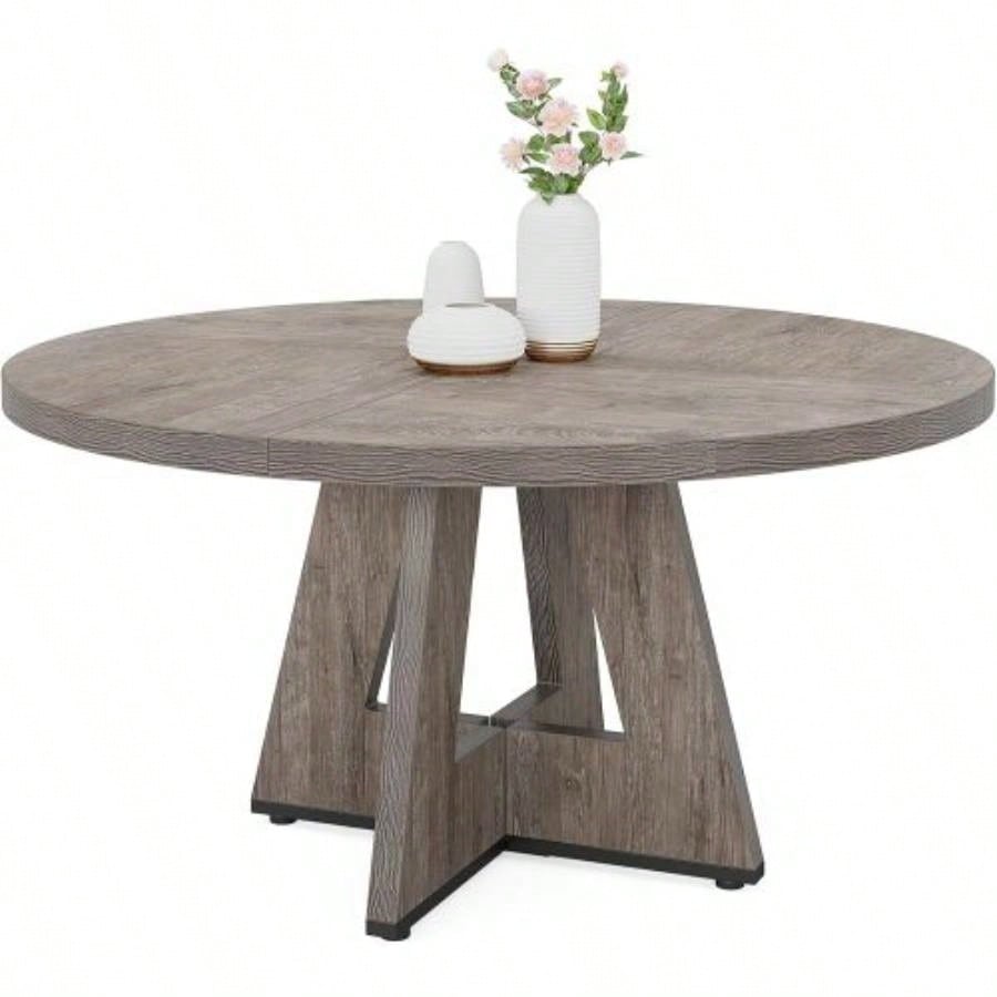 47 Round Farmhouse Dining Table - Rustic Wood Kitchen Table 4, Base Wooden Dinner Table Dining Room, Breakfast Nook, or Living Area