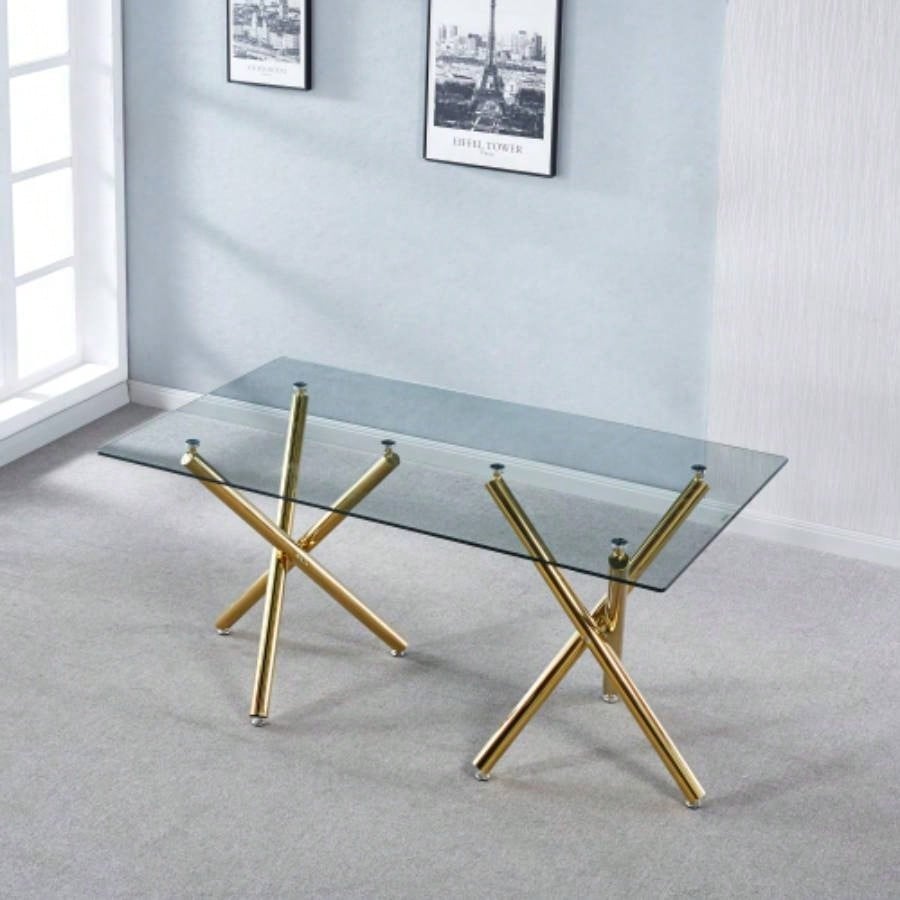 Rectangular Tempered Glass Dining Table with Double Stainless Steel Base, Modern Dining Room Interior Design, 6 People