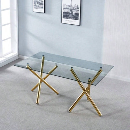 Rectangular Tempered Glass Dining Table with Double Stainless Steel Base, Modern Dining Room Interior Design, 6 People