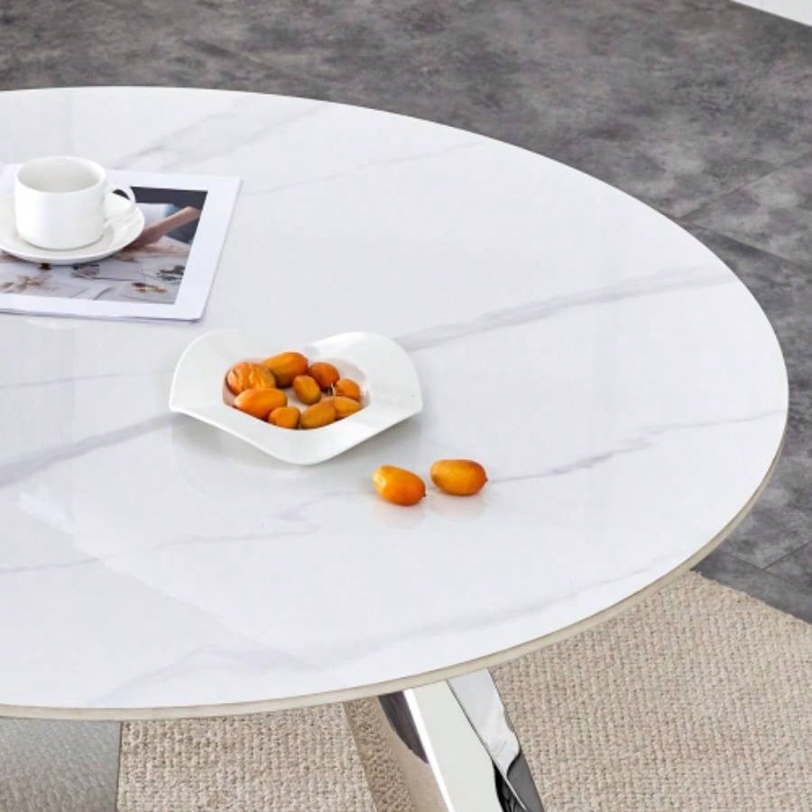 42 Luxury Sintered Stone Table: 0.45 Durable Top+ 6 Steel, 350lb Capacity, Stain/Heat - Resistant White/Gray Veined Surface - Modern Minimalist Design - W1512S00110