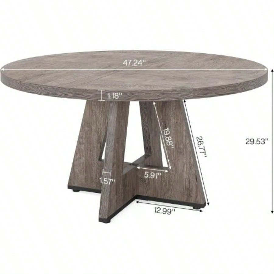 47 Round Farmhouse Dining Table - Rustic Wood Kitchen Table 4, Base Wooden Dinner Table Dining Room, Breakfast Nook, or Living Area
