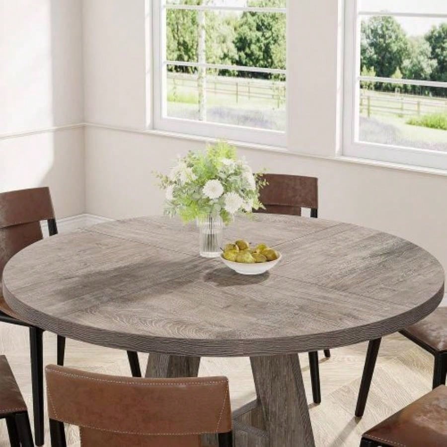 47 Round Farmhouse Dining Table - Rustic Wood Kitchen Table 4, Base Wooden Dinner Table Dining Room, Breakfast Nook, or Living Area